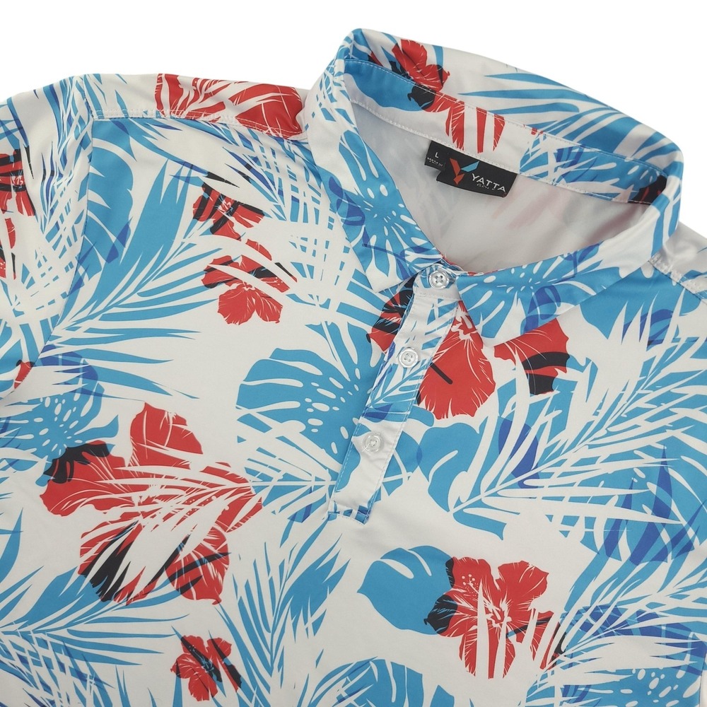 Yatta Golf Polo Shirt Mens L White Blue Tropical Floral Performance Stretch Top